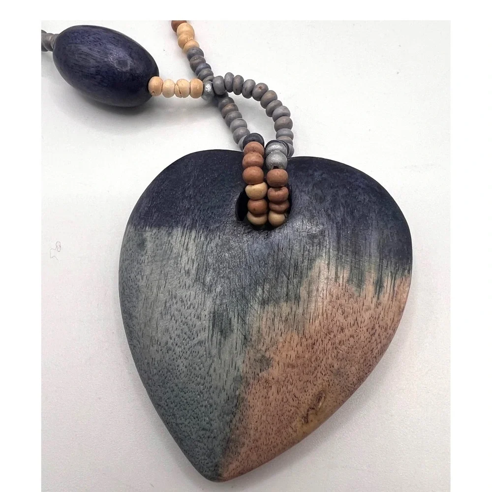 Boho Heart Pendant Necklace 32" Wood Beaded Long Statement‎ - Picture 8 of 8